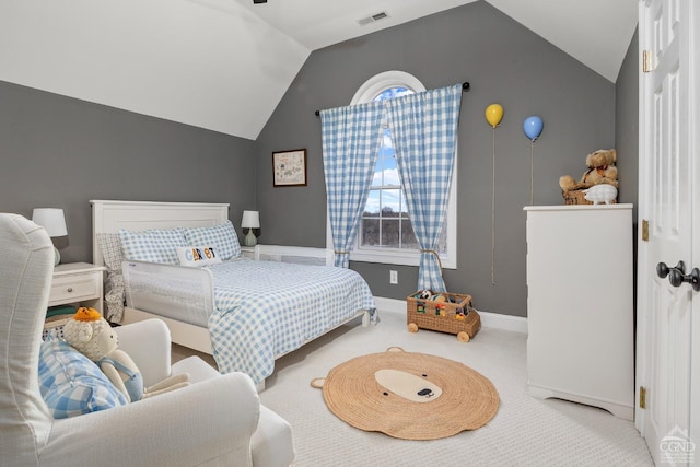 bedroom featuring visible vents, lofted ceiling, carpet, and baseboards