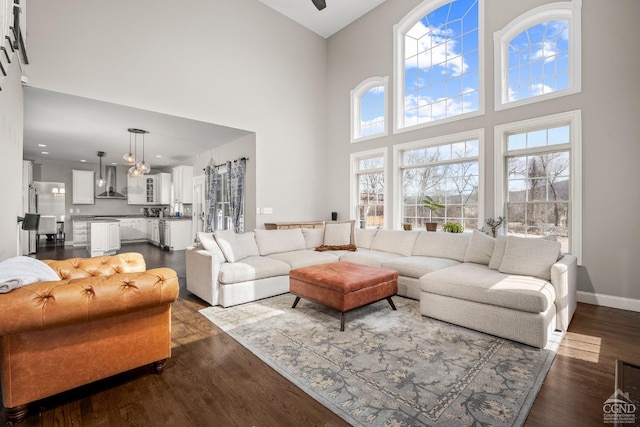 living area featuring baseboards, a high ceiling, and dark wood-style floors