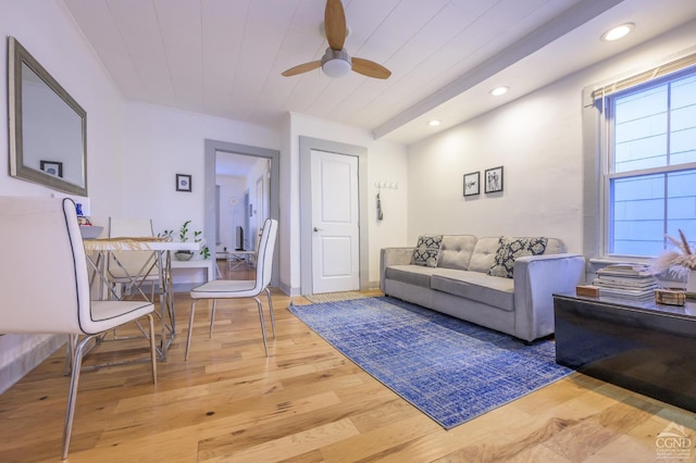 living room with wooden ceiling, recessed lighting, light wood-style floors, and ceiling fan