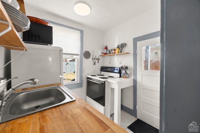 kitchen with refrigerator, electric range, butcher block countertops, a sink, and black microwave