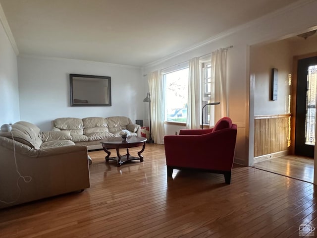 living room featuring wood-type flooring and ornamental molding