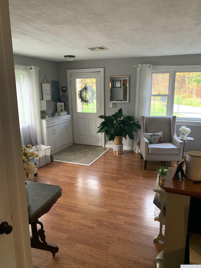 interior space with plenty of natural light, a textured ceiling, and hardwood / wood-style flooring