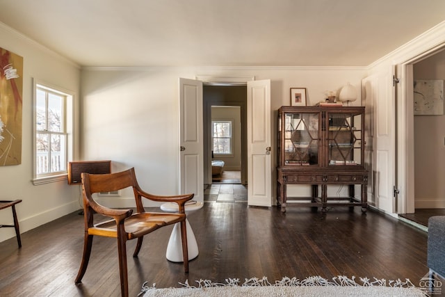 living area with crown molding and dark wood-type flooring