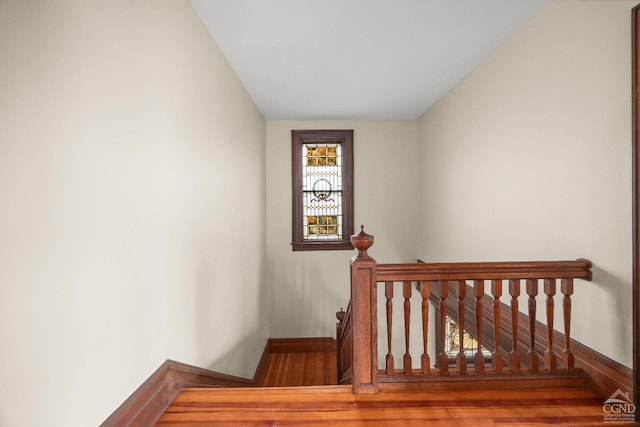 stairway with hardwood / wood-style floors