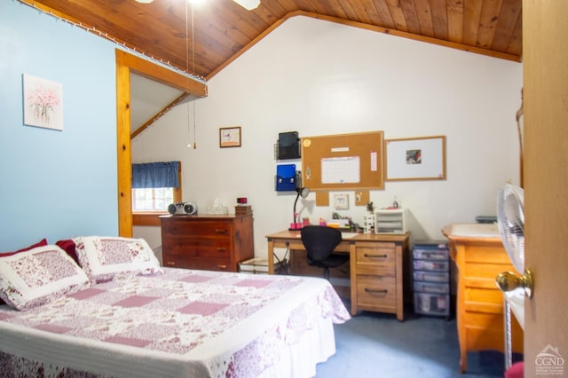 carpeted bedroom featuring wooden ceiling and vaulted ceiling