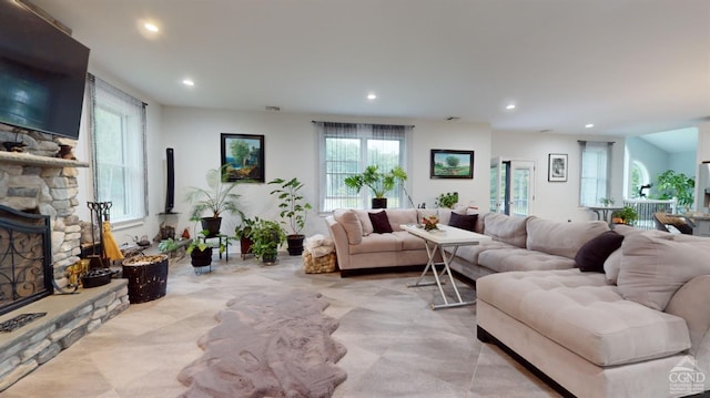 living room with a fireplace