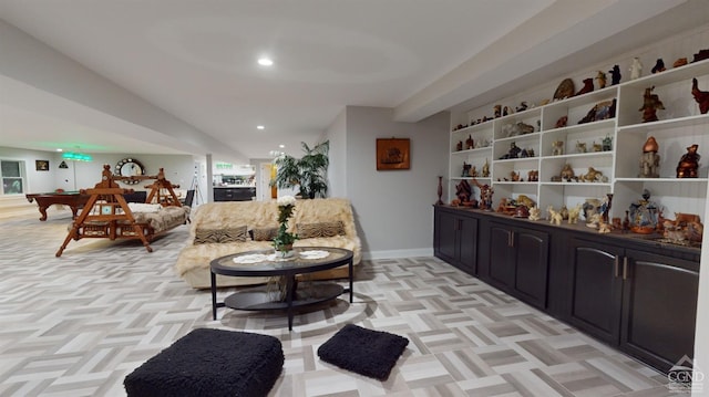 sitting room featuring light parquet flooring and billiards