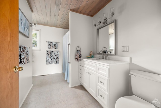 bathroom featuring tile patterned floors, vanity, wood ceiling, and toilet