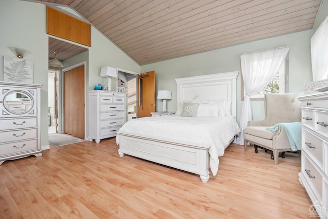 bedroom featuring lofted ceiling, light hardwood / wood-style floors, and wood ceiling