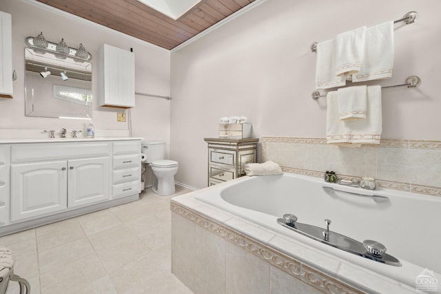 bathroom with wooden ceiling, tiled bath, crown molding, toilet, and vanity