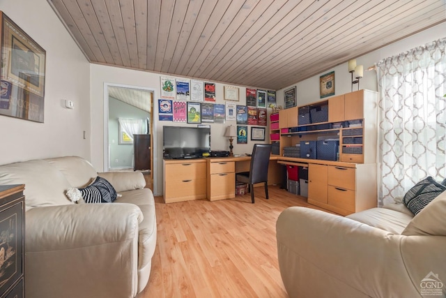 office space with vaulted ceiling, wooden ceiling, and light hardwood / wood-style flooring