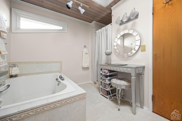 bathroom featuring tiled tub, wooden ceiling, and ornamental molding