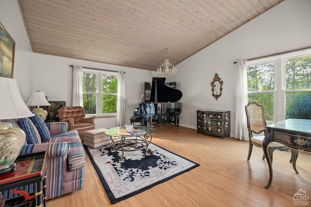 living room with wooden ceiling, an inviting chandelier, lofted ceiling, and light hardwood / wood-style flooring