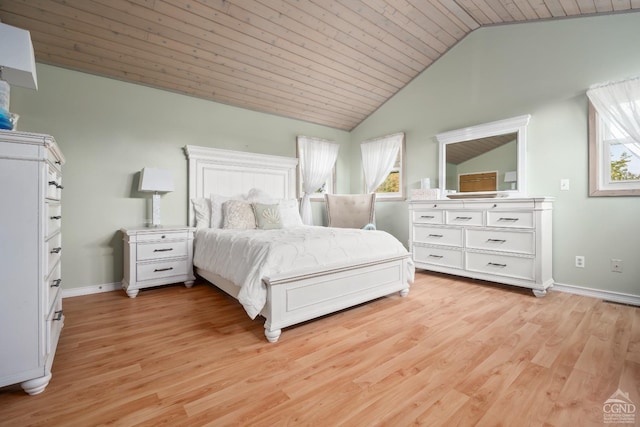 bedroom with wooden ceiling, lofted ceiling, and light wood-type flooring