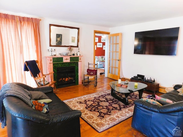 living room with hardwood / wood-style floors, a fireplace, and french doors