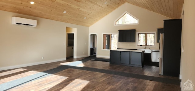 kitchen with a wall mounted air conditioner, dark hardwood / wood-style floors, high vaulted ceiling, and wood ceiling