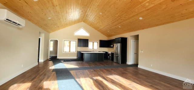 unfurnished living room with a wall mounted air conditioner, wooden ceiling, dark wood-type flooring, and high vaulted ceiling