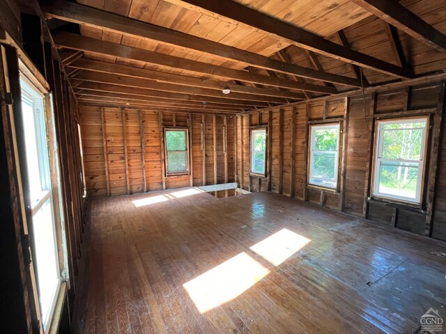 miscellaneous room featuring wooden ceiling, dark wood-type flooring, and vaulted ceiling