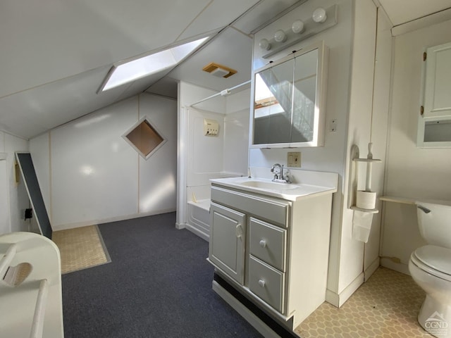 full bathroom with vanity, toilet, shower / bath combination, and a skylight