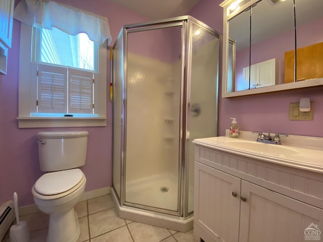 bathroom with toilet, vanity, tile patterned floors, and an enclosed shower