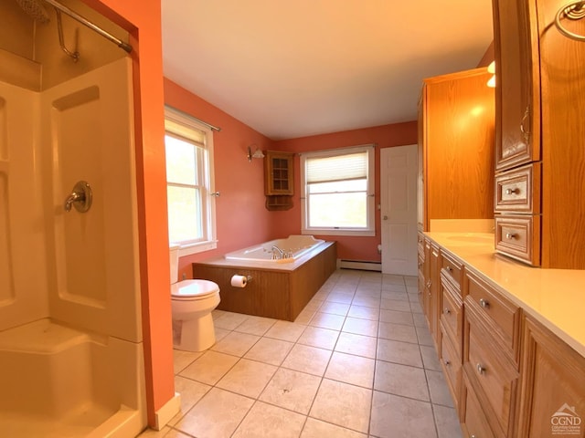 full bathroom featuring vanity, plus walk in shower, a baseboard heating unit, tile patterned flooring, and toilet