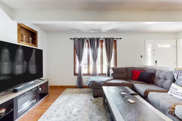 living room featuring baseboards and light wood finished floors