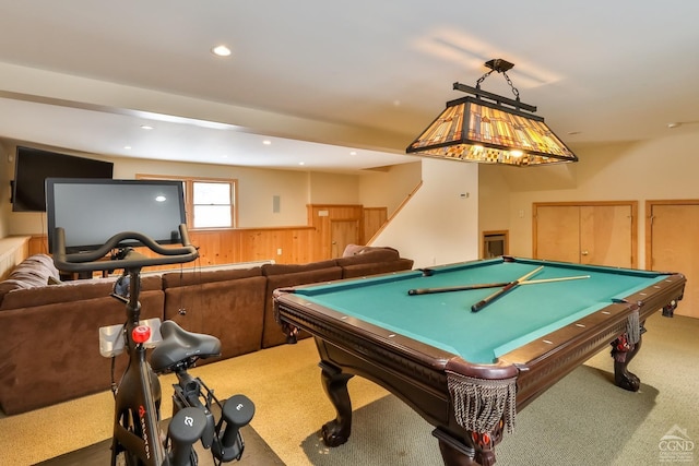 recreation room featuring carpet, pool table, and wooden walls