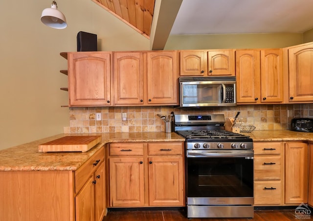 kitchen featuring appliances with stainless steel finishes, dark hardwood / wood-style flooring, decorative backsplash, light brown cabinetry, and beam ceiling