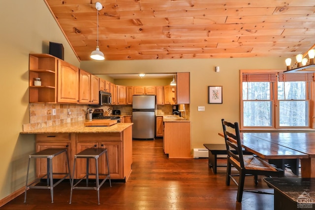 kitchen with backsplash, wood ceiling, stainless steel appliances, and vaulted ceiling