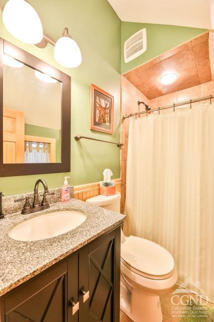 bathroom with vanity, lofted ceiling, and toilet