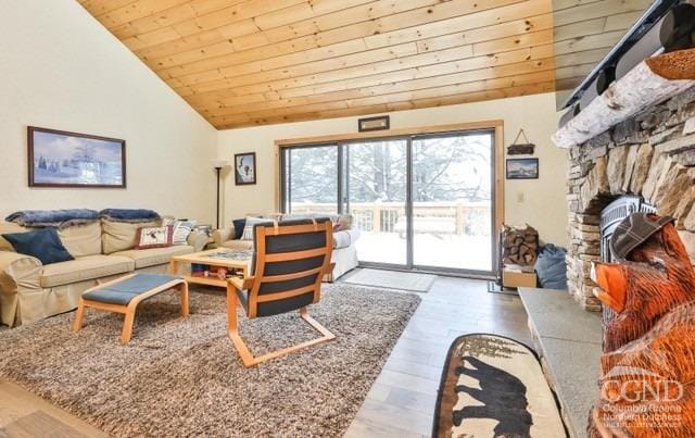 living room with a fireplace, wood-type flooring, high vaulted ceiling, and wooden ceiling