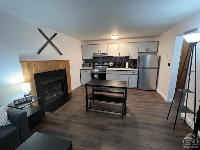 kitchen featuring dark hardwood / wood-style floors, backsplash, and appliances with stainless steel finishes