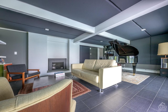 living area with a large fireplace, dark tile patterned floors, baseboard heating, and beamed ceiling