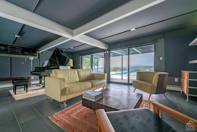 living room featuring dark tile patterned flooring and baseboard heating