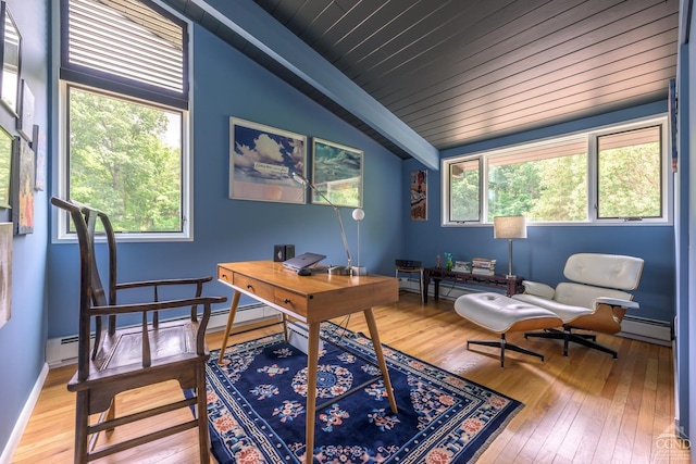 home office featuring baseboards, lofted ceiling, wood ceiling, wood finished floors, and a baseboard heating unit