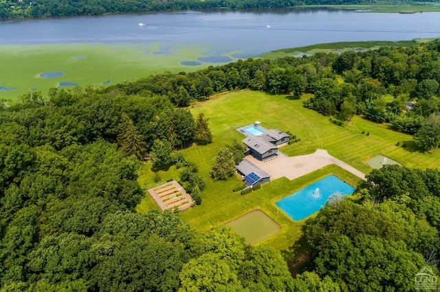 bird's eye view with a water view and a wooded view