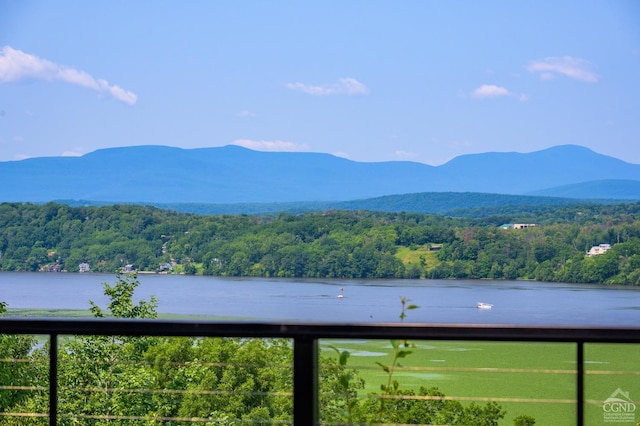 view of mountain feature featuring a forest view and a water view