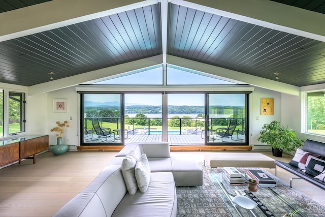 living room featuring wood ceiling, a mountain view, lofted ceiling with beams, and wood finished floors