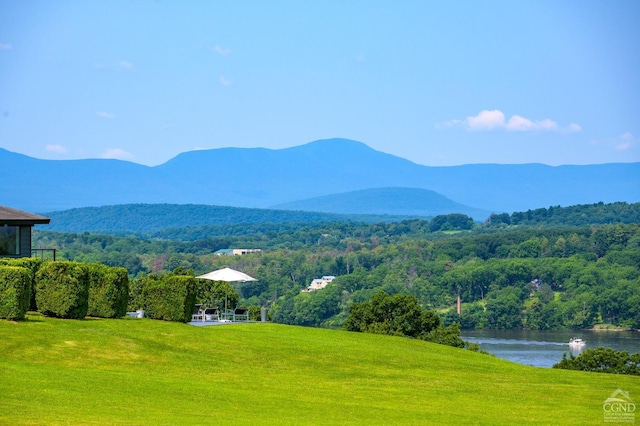 view of mountain feature with a forest view and a water view