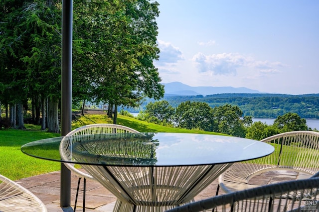 exterior space featuring a water and mountain view