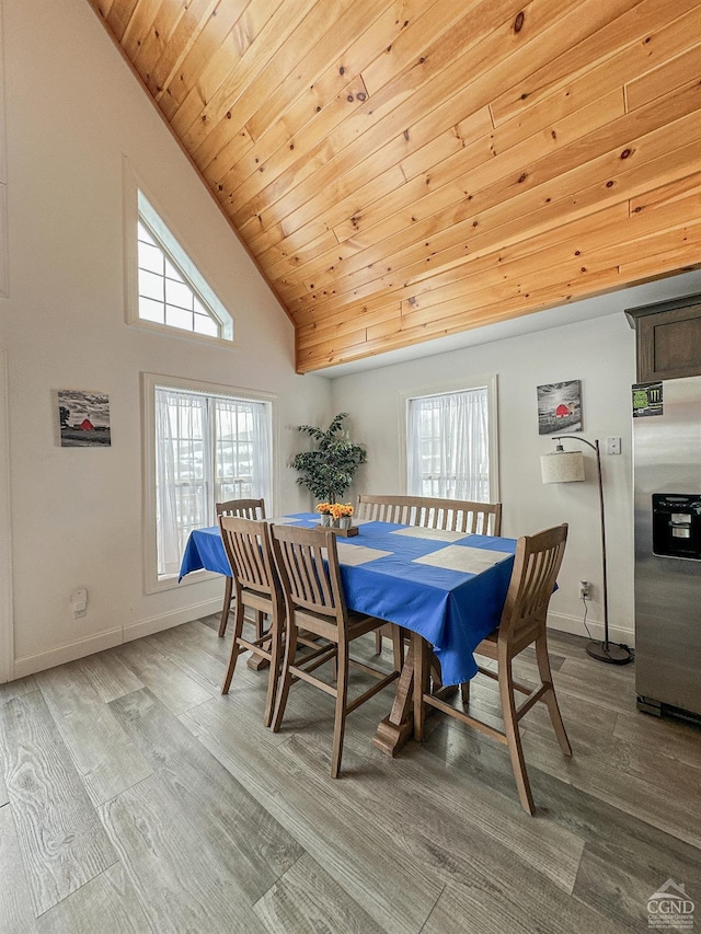 dining space featuring hardwood / wood-style floors, wooden ceiling, and high vaulted ceiling