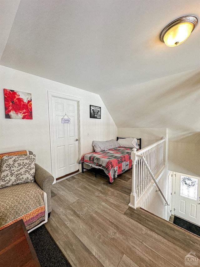 bedroom with dark hardwood / wood-style flooring and vaulted ceiling