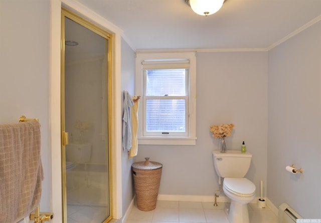 bathroom featuring toilet, an enclosed shower, baseboard heating, and crown molding