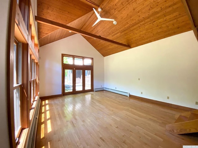 spare room with beamed ceiling, light wood-type flooring, baseboard heating, and wooden ceiling