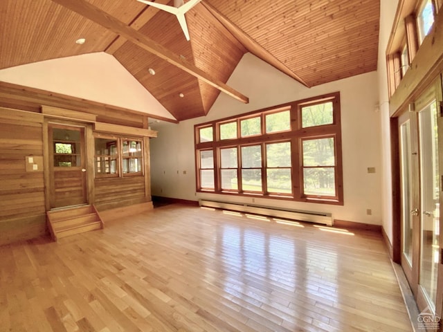 unfurnished living room featuring wood ceiling, light wood-type flooring, high vaulted ceiling, and a baseboard radiator