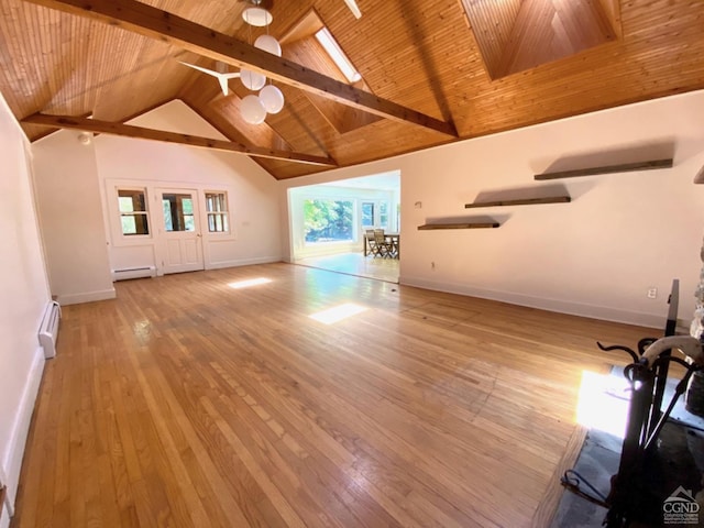 unfurnished living room featuring hardwood / wood-style flooring, beam ceiling, wooden ceiling, and a baseboard heating unit