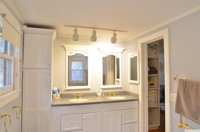 bathroom with vanity and ornamental molding