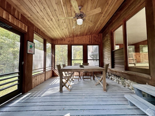 unfurnished sunroom with ceiling fan, lofted ceiling, and wood ceiling