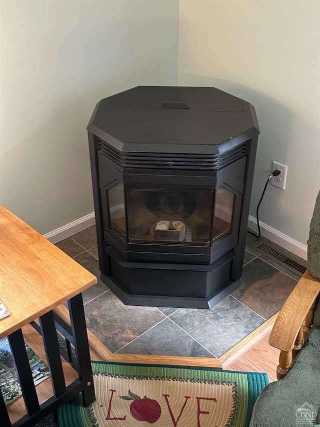 interior details with a wood stove