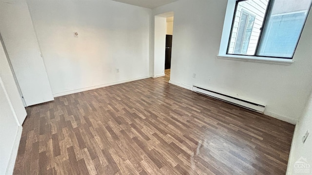 unfurnished room featuring dark wood-style flooring, baseboards, and baseboard heating